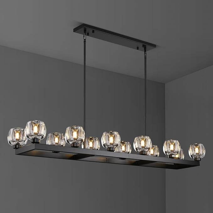 59 Inch Black Rectangle Wagon Wheel Chandeliers, Black Chandelier for Dining Room Over Table, Modern Crystal Long Chandelier, Farmhouse Large Linear Chandeliers for Kitchen Island-Ruum Studio Home