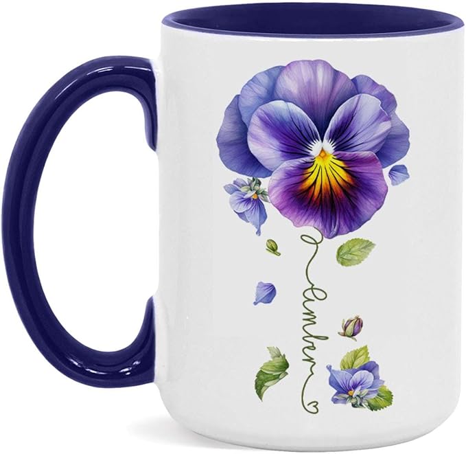 Pansy Design Ceramic Cup, Personalized Name Flower Themed Mug, Custom Coffee Cup For Pansy Flower Lover, Customized Floral Accent Mug 11oz 15oz, Pansy Cup Gift For Daughter-Ruum Studio Home