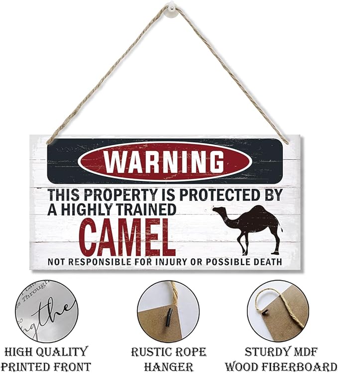 Warning Sign, Camel Warning Wood Plaque Sign, Funny Door Signs, Decorative Wood Hanging Suspension Plaque, Farmhouse Wooden Wall Decor, Outdoor Hanging Wooden Signs-Ruum Studio Home