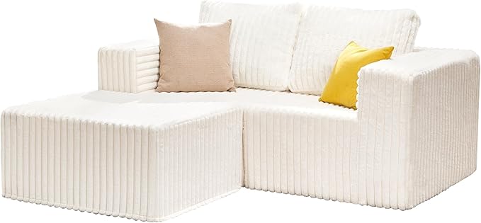 Hobestluk Modular Sectional Sofa Memory Foam Couch L Shape Sofa for Living Room Loveseat with Chaise Lounge Cloud Couch with Removable Cover (Stripe White, Loveseat with Chaise)-Ruum Studio Home