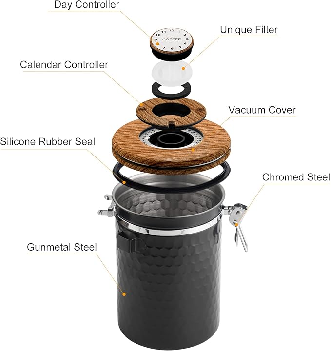 TEDSWAIT Coffee Canisters Airtight Coffee Bean Storage Container Kitchen Stainless Steel Food Storage Container with Scoop Date Tracker & CO2 Valve 61Fl Oz (Diamond Black)-Ruum Studio Home