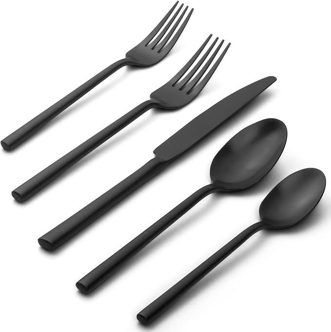 Alata Potter Black 45-Piece Forged Silverware Set with Utensil-Serving Set, Service for 8, Stainless Steel Flatware Set, Modern Design with Satin Finish, Ideal for Home, Kitchen, Party, Camping-Ruum Studio Home