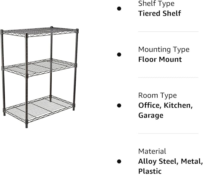 Amazon Basics 3-Shelf Adjustable Heavy Duty Steel Wire Rack Storage Shelving Organizer for Kitchen, Garage, 23.2" L x 13.4" W x 30" H, Black-Ruum Studio Home