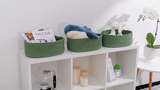 Shelf Storage Baskets for Organizing|Decorative Basket for Closet Storage|Toy Baskets&Bins|Small Woven Rope Baskets-13x8.66x5.11’’,Durable&Stylish,Oval 3 Packs Green-Ruum Studio Home