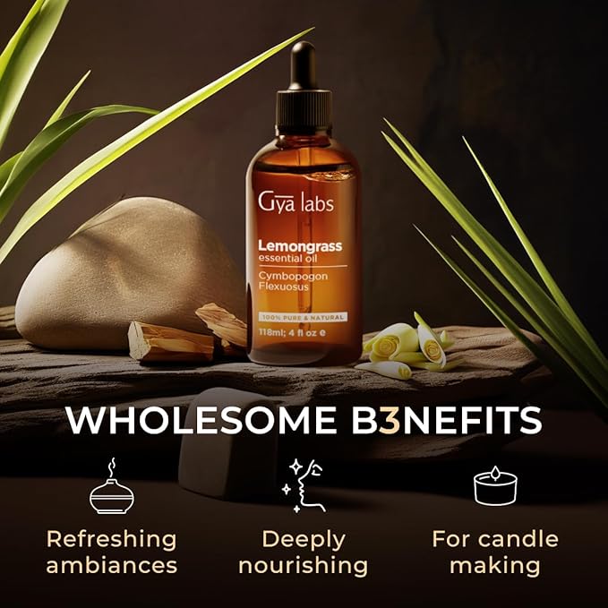 Gya Labs Lemongrass Essential Oil for Diffuser - Huge 4 Fl Oz - 100% Pure Natural Lemongrass Oil for Hair, Skin & Candle Making Scent-Ruum Studio Home
