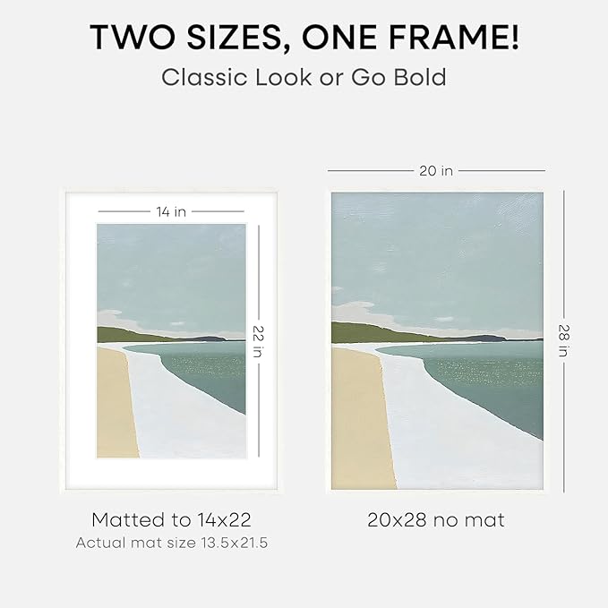 Homeforia 20x28 Picture Frame White, High End Oak 20 x 28 White Wood Poster Frames with Mat 14 by 22 Photo, 20x28 Wooden Frame Matted to 14x22, 28x20 Hanging Frames, Tempered Glass, Wall Kit, Set of 1-Ruum Studio Home