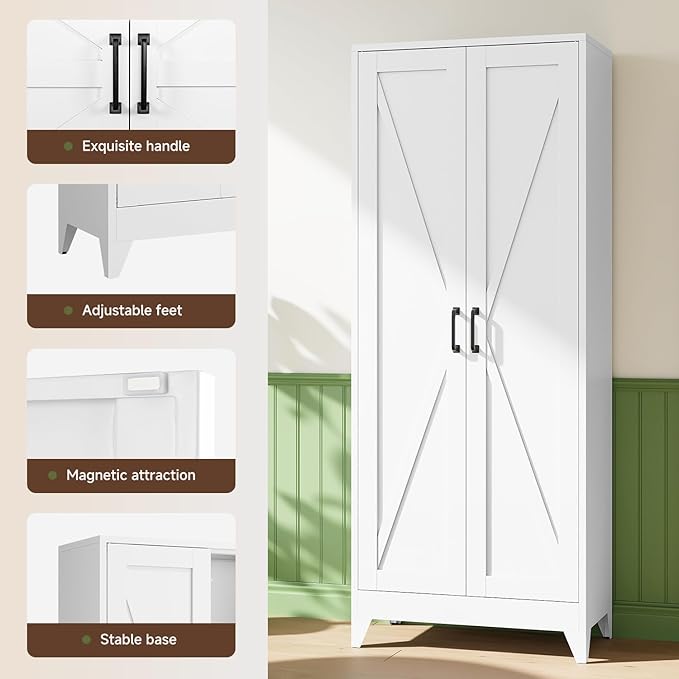 Letaya Storage Cabinet,75" H Metal Kitchen Pantry Cabinets with Doors and Adjustable Shelves,Pantry Organizers for for Cupboard/Office/Garage Room,White-Ruum Studio Home