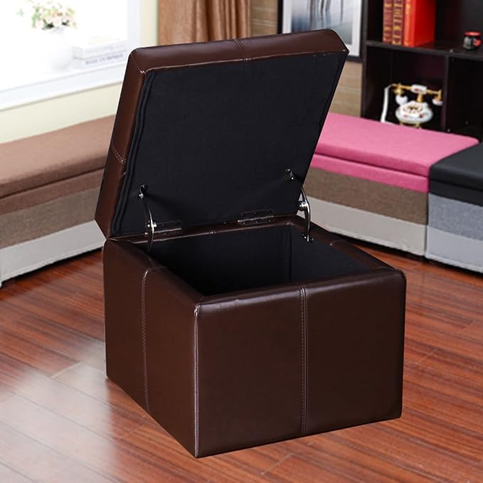 Adeco 17.7" Leather Cube Storage Brown Ottomans for Living Room-Ruum Studio Home