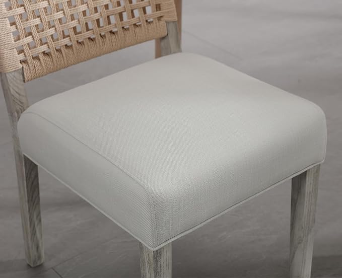 Kmax Farmhouse Dining Chairs Set of 4, Rustic Kitchen Chairs with Linen Fabric Seat and Woven Back, Vintage Accent Chairs for Dining Room, Living Room, Ivory-Ruum Studio Home