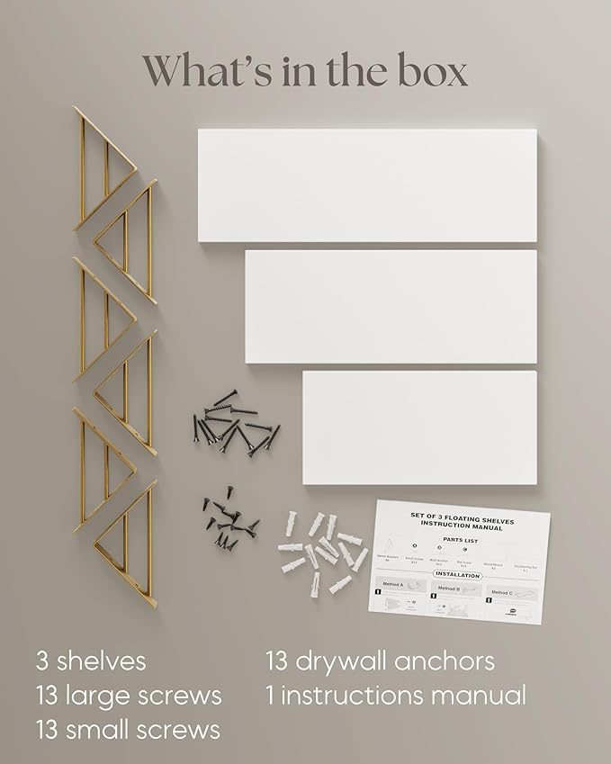 BAYKA Wall Shelves for Bedroom Decor, Floating Wall Shelves for Living Room Kitchen Storage, Wall Mounted Rustic Wood Shelves for Kids Books,Corner Shelves for Bathroom(White and Gold，Set of 3)-Ruum Studio Home