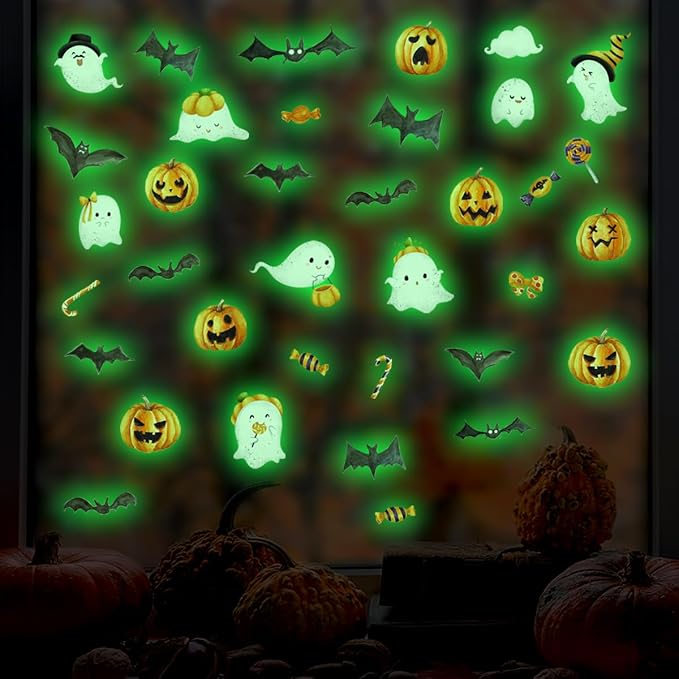 clothmile 3 Sheets Glow in The Dark Halloween Window Clings Luminous Halloween Window Stickers Removable Pumpkin Ghost Bat Wall Decor Glowing Window Clings for Scary Halloween Theme Party Decorations-Ruum Studio Home