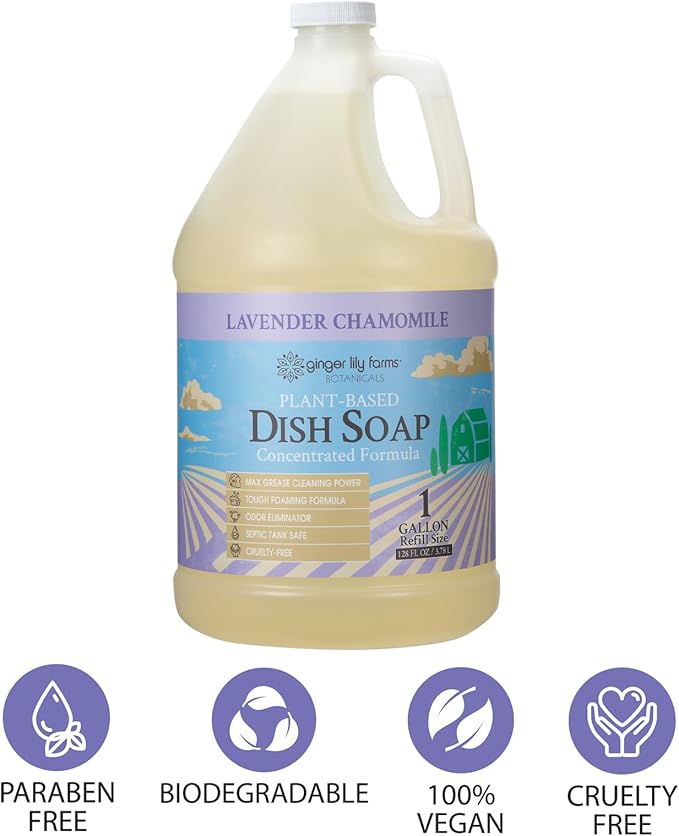 Ginger Lily Farms Botanicals Plant-Based Liquid Dish Soap, Concentrated Formula with Max Grease Cleaning Power, Cruelty-Free, Lavender Chamomile Scent, 1 Gallon Refill (128 Fl. Oz.)-Ruum Studio Home