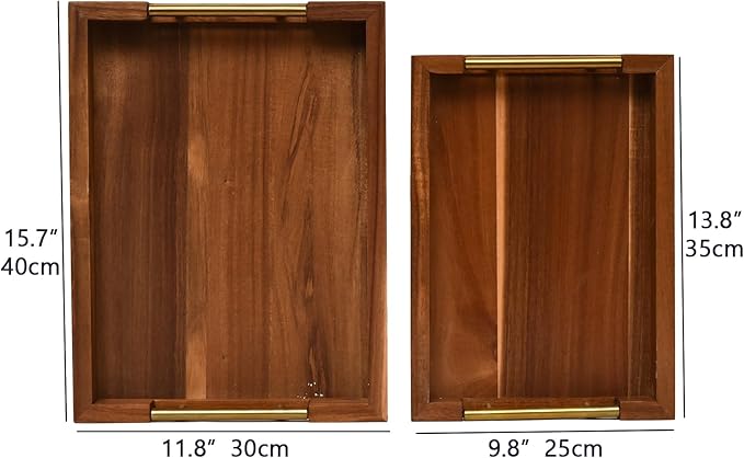 Set of 2 Acacia Wood Serving Trays with Gold Metal Handles for Food Serving, Appetizers & Snacks - Ideal for Bed, TV, Ottoman or Coffee Table Décor, Home Decoration Accessory 15.75x11.8 Inch-Ruum Studio Home