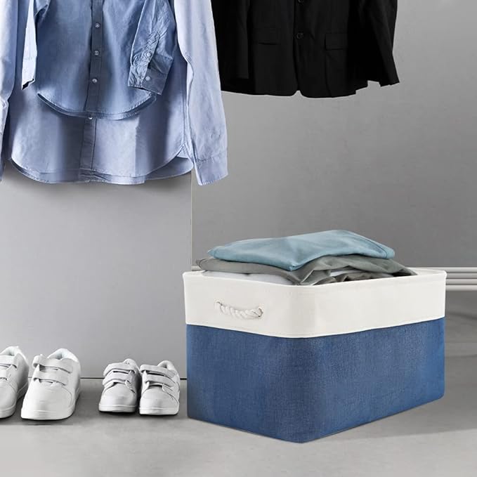 Organization and Storage Bins for Shelves - 2 Pack 17X15X12 inch Canvas Storage Cubes Collapsible Baskets for Organizing with Handles, Storage Box for Cloth Decorative (White & Blue)-Ruum Studio Home