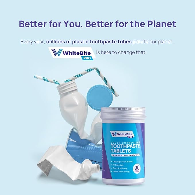 Whitebite Pro Color Correcting Toothpaste Tablets with Nano Hydroxyapatite | Fresh Breath & Natural Whitening | Travel-Friendly Toothpaste & Mouthwash | Fluoride and Plastic-Free (Peppermint)-Ruum Studio Home