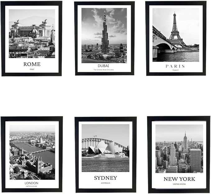 Black And White Wall Art Decor,New York, London, Tokyo, Paris, Eiffel Tower Wall Decor Art,Modern Boho Wall Art for Living Room Bedroom Prints Poster,8x10 Inch Set of 6,Framed-Ruum Studio Home