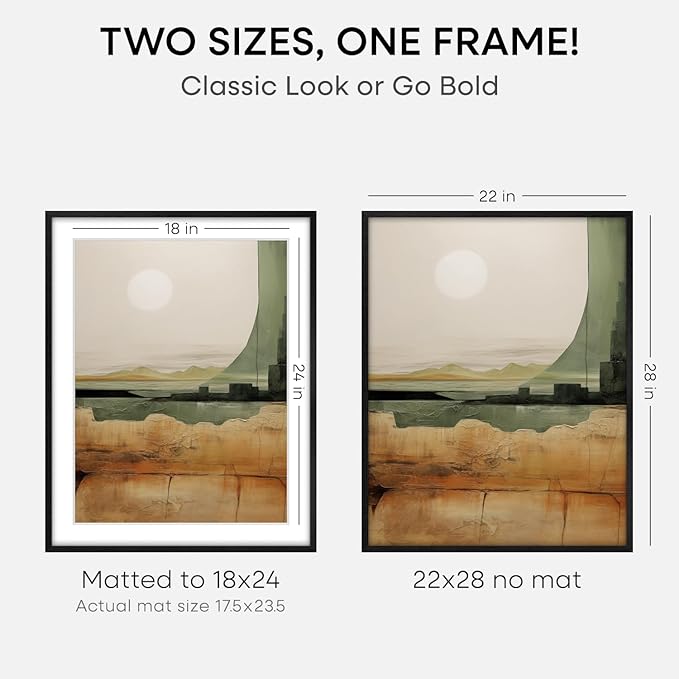 Homeforia 22x28 Poster Frame Black, High End Oak Wooden Picture Frame 22x28 with Mat 18x24, Tempered Glass, Wall Hook Included, Set of 1-Ruum Studio Home