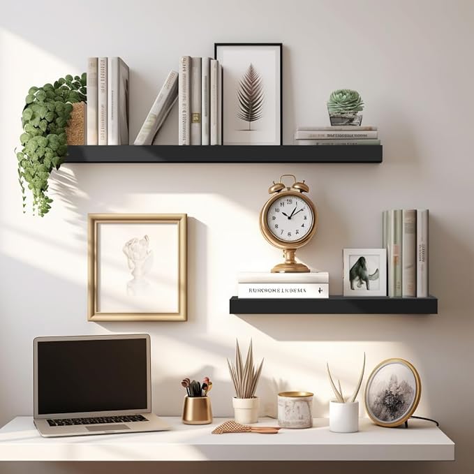 LaVie Home Floating Shelves, 24 Inch Wall Shelf Set of 2, Hanging Shelf with Invisible Brackets, Wall Decor for Bathroom, Bedroom, Living Room, Kitchen Storage, Classic Black-Ruum Studio Home