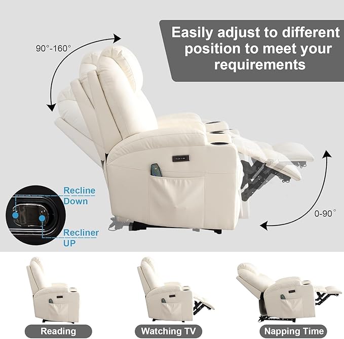 Power Recliner Chair with Heat and Massage, PU Leather Home Theater Seating with LED Lights/Cup Holders/Side Pocket/USB Port, Reclining Sofa Chair for Living Room (1, Beige)-Ruum Studio Home