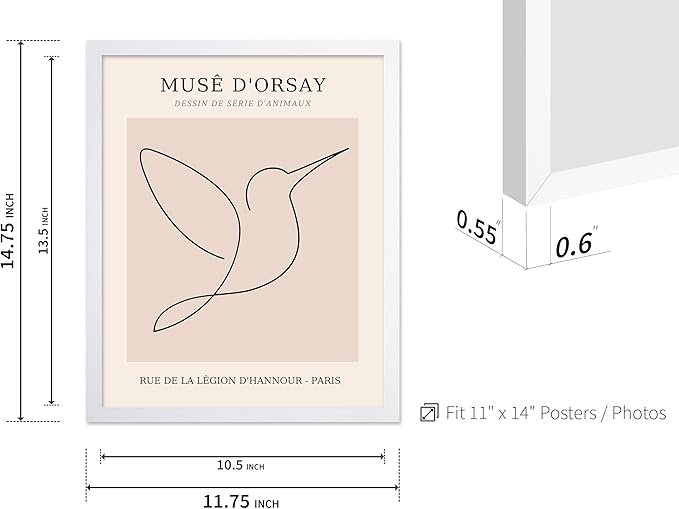 Poster Master Vintage Poster - Retro One Line Hummingbird Drawing Print - Bird Line Art - Minimal Gift for Him, Her, Animal Lover - Abstract Decor for Home, Office, 11x14 White Framed-Ruum Studio Home
