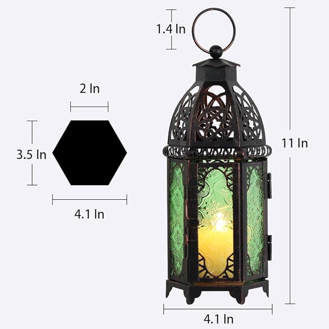 NEEDOMO Hanging Moroccan Lantern, 11'' Vintage Candle Holder, Metal Lanterns Decorative Indoor Outdoor, Table, Patio, Porch, Shelf, Gothic Home Decor (Green, Medium Size)-Ruum Studio Home