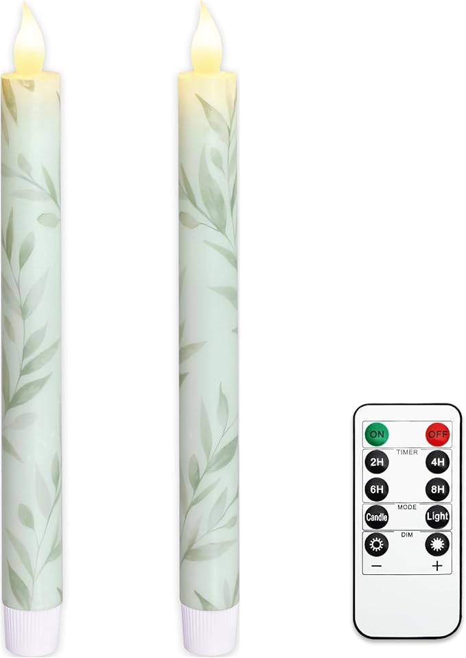 Willow Leaf Flameless Taper Candles with Remote & Timer Real Wax LED Taper Candles Flickering Candlesticks Battery Operated Candle for Home Wedding Party Summer Fall Christmas Decor 2 Pack 9.6"-Ruum Studio Home