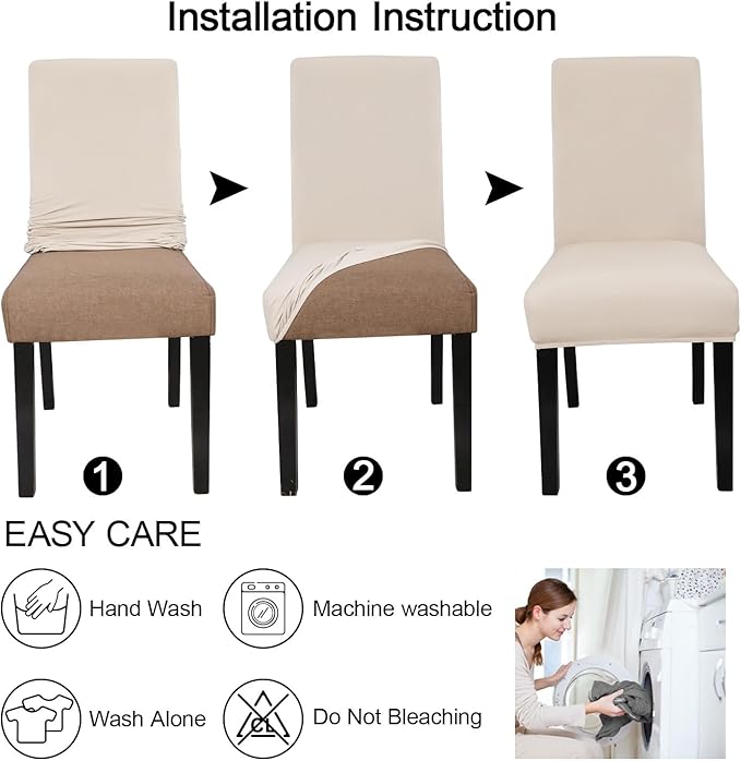 JQinHome 6 Pcs Dining Chair Slipcover,High Stretch Removable Washable Chair Seat Protector Cover for Home Party Hotel Wedding Ceremony (Beige White)-Ruum Studio Home