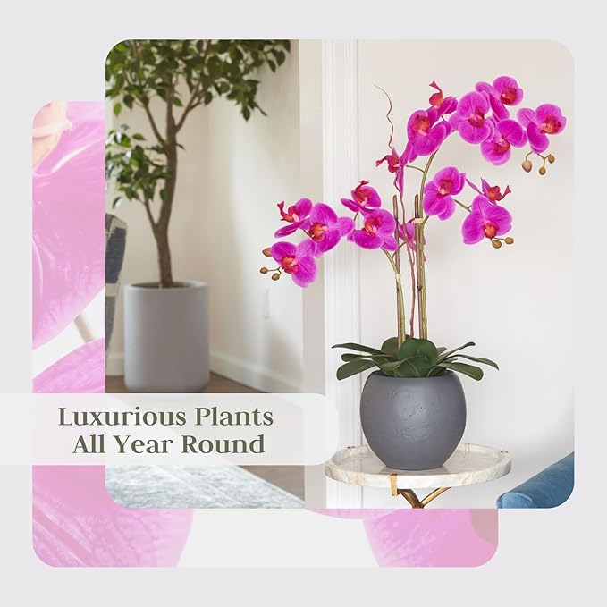Faux Pink Orchid Plant, Premium Artificial Indoor Flower Display Stands 25-Inches with Beautiful Sculptural Blooms and Foliage That Lasts Forever, Grey Planter Pot Included-Ruum Studio Home