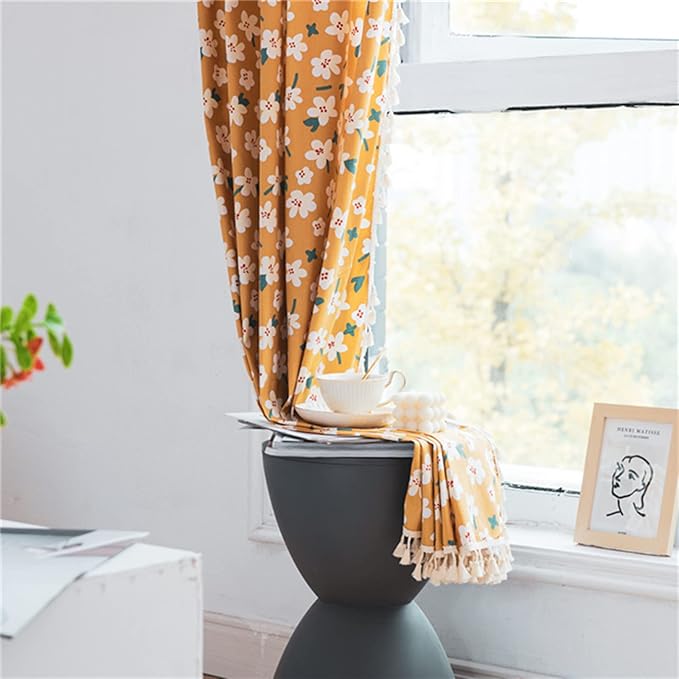 Sutuo Home Boho Curtain Semi-Blackout Yellow Florals Print Cotton Linen Fabric, Handmade Tassels Rod Pocket Bohemian Farmhouse Country Window Drapes for Living Bedroom, 59" W x 84" L, 1 Panel-Ruum Studio Home
