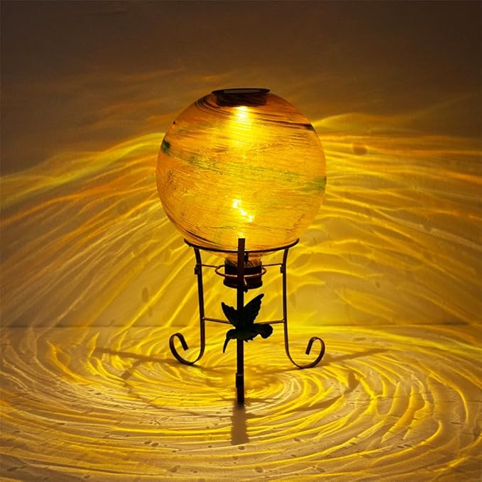 10" Diameter Solar Gazing Ball and 8.5" Metal Stand Indoor Outdoor Garden Ornament Glass Globe Sphere Yard Art Gazing Globe for Garden,Home,Lawn,Porch,Patio Birthday Gift for Women(Orange)-Ruum Studio Home