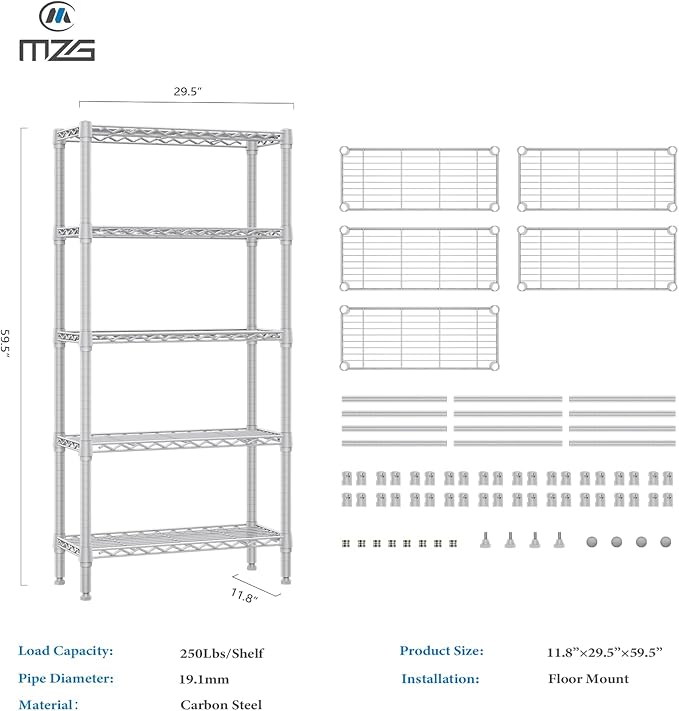 1250 lbs 5 Tier Shelf Metal Storage Shelves Wire Rack Closet Organizers for Garage Kitchen Bathroom Laundry White 11.8" D x 29.5" W x 59.5" H-Ruum Studio Home