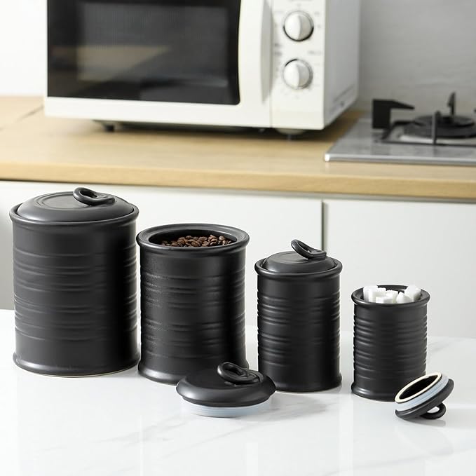 Nihow Food Storage Jar Sets: Ceramic Container with Air Tight Lid for Flour/Sugar/Rice/Coffee/Cookies/Candy - Seal Damp-proof Canister for The Kitchen Counter - Set of 4 （Matte Black）-Ruum Studio Home