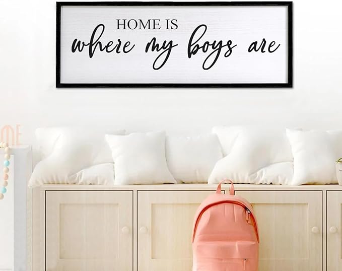 Home is Where My Boys are Sign Framed Wall Art, 40''×15'' Rustic Horizontal My Son Plaque with Black Frame for Baby Kid Boy Son Teen Toddlers Room, Horizontal Mom of Boys Gifts Nursery Decor-Ruum Studio Home