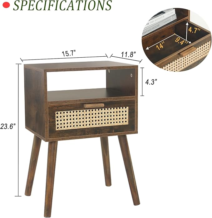 MaxSmeo Mid Century Nightstand, Rattan Side Table with Drawer, Wood Modern Bedside Table for Bedroom, Living Room and Small Spaces (Rustic Brown)-Ruum Studio Home