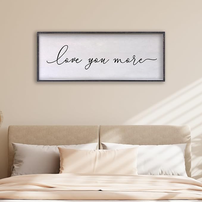 Love You More Sign Wall Decor 24×10 Inch Above Bed for Master Bedroom Ready to Hang Wood Framed Art (Black)-Ruum Studio Home