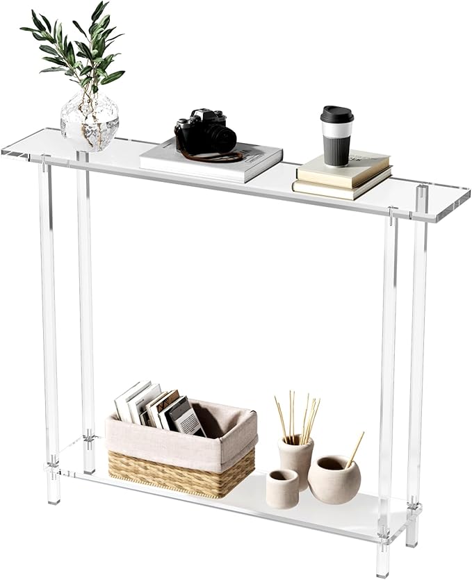 Sleek Modern 2-Tier Acrylic Console Table, 39.4" L x 7.6" W x 31.5" H - Entryway Table for Hallway, Living Room, Sofa Side, Small Spaces (Clear)-Ruum Studio Home