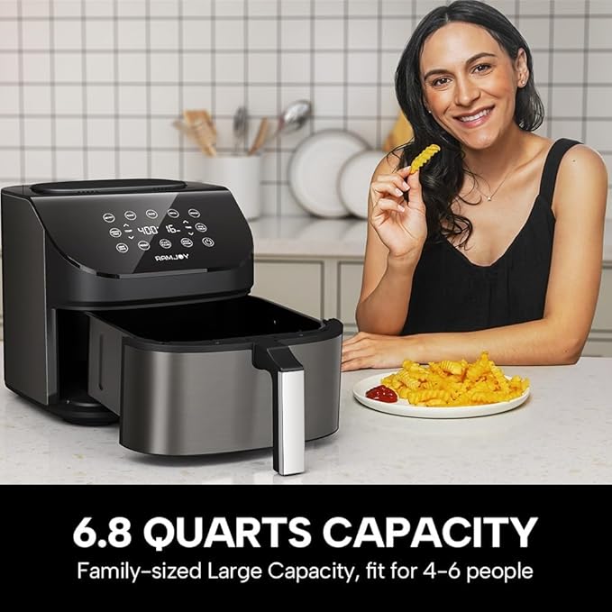 Air Fryer 6.8 Quarts, 10-in-1 Functions, Air Fry, Roast, Bake, Broil, Dehydrate, Large & Compact Air Fryers, Nonstick & Dishwasher-Safe Airfryer Basket, Stainless Steel Air Fryer, Metal Grey-Ruum Studio Home