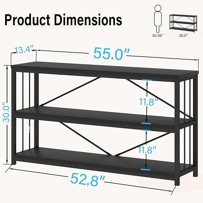 LVB Black Console Table, Modern Entryway Table for Hallway Living Room, Industrial Sofa Table Behind Couch, Farmhouse Wooden Metal Entry Table for Foyer with 3-Tier Storage Shelves, Black Oak, 55 Inch-Ruum Studio Home