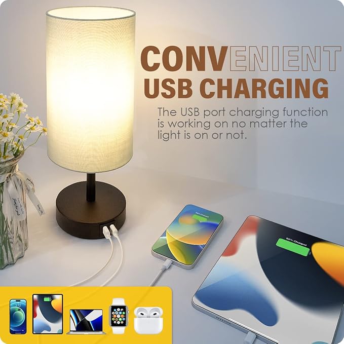 Yarra-Decor Bedside Lamp with USB Port - Touch Control Table Lamp for Bedroom 3 Way Dimmable Nightstand Lamp with Round Grey Fabric Shade for Living Room, Dorm, Home Office (LED Bulb Included)-Ruum Studio Home
