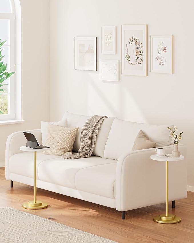 Masupu Drink Table, Round Side Table for Small Spaces, Pedestal Side Table, Small End Table with Metal Base, for Living Room, Bedroom, Bathroom, White Gold-Ruum Studio Home