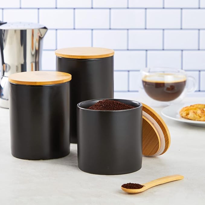 Farmlyn Creek Set of 3 Matte Black Kitchen Canister with Airtight Wooden Bamboo Lids, Kitchen Counter Containers, Food Storage Jars, Ideal for Storing Sugar, Coffee and Other Dry Goods, (3 Sizes)-Ruum Studio Home