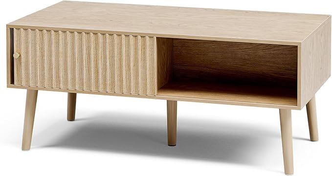 Coffee Table with Storage, Boho Dining Table with Sliding Fluted Door and Solid Wood Legs, Small Coffee Tables for Living Room, Oak-Ruum Studio Home
