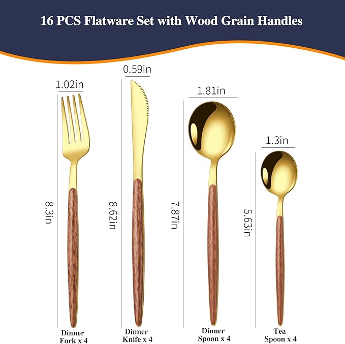 16 Pcs Gold Silverware Set with Simulated Wooden Handle for 4,Stainless Steel Cutlery Set,Mirror Polished Tableware Utensils Flatware Set,Include Knives Spoons and Forks set,Dishwasher Safe-Ruum Studio Home
