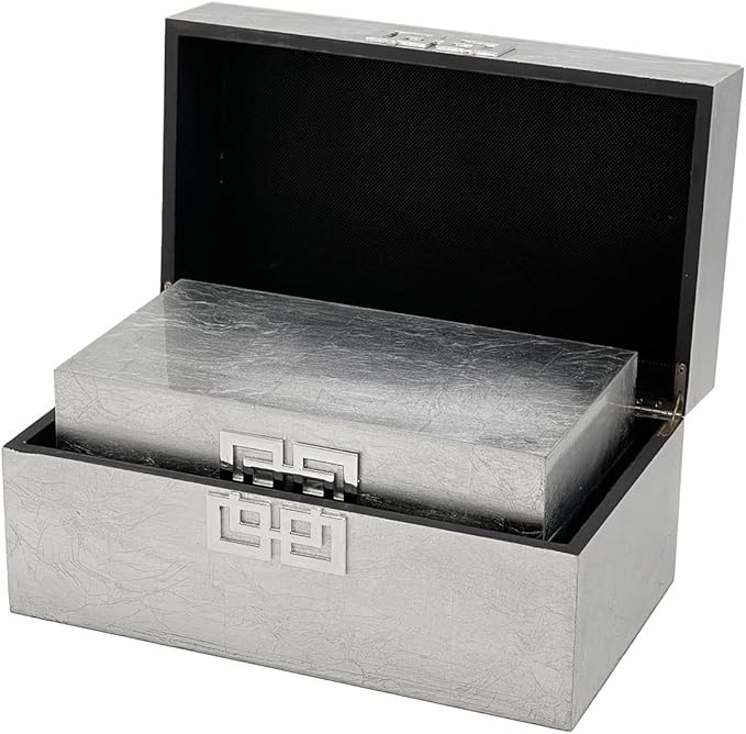 Galt International Storage Box Set Decorative Storage Box w/Hinged Lid Classic Design Wood Decor Boxes with Geometric Clasp Storage for Bedroom & Home - Set of 2 (Silver)-Ruum Studio Home