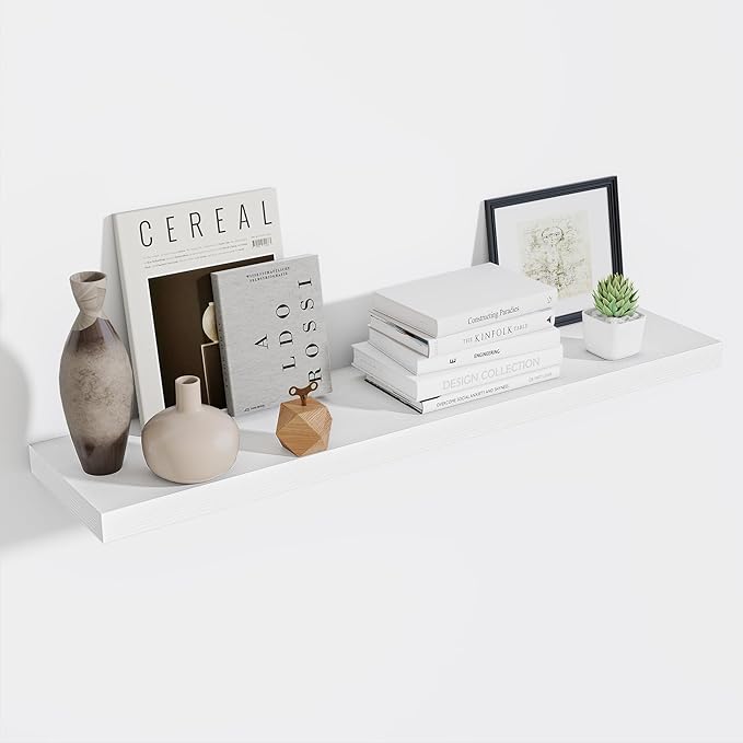Fun Memories 10 Inch Deep Shelves, Floating Shelves for Wall 48 Inches Long, Wood Floating Shelves for Wall, Large Storage Shelves Wall Mount for Living Room Bedroom, White, Set of 1-Ruum Studio Home