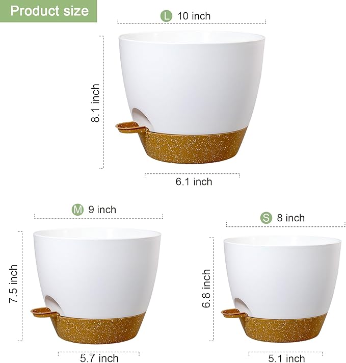 10/9/8 inch Medium Self Watering Pots, Planter, Plant Pots with Mesh Drainage Holes for Indoor Outdoor Garden Plants, Plastic Flower Pots with Removable Deep Reservoir, White with Brown-Ruum Studio Home