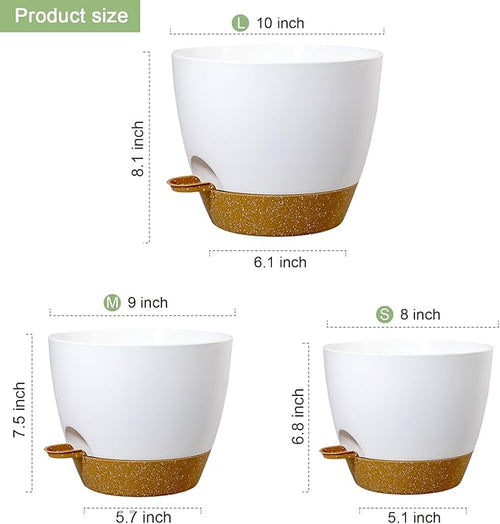 10/9/8 inch Medium Self Watering Pots, Planter, Plant Pots with Mesh Drainage Holes for Indoor Outdoor Garden Plants, Plastic Flower Pots with Removable Deep Reservoir, White with Brown-Ruum Studio Home