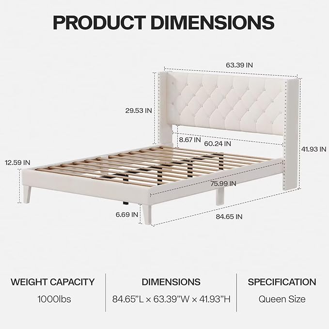 Queen Size Bed Frame with LED Lights, Upholstered Bed Frame with Wingback Diamond Tufted Headboard, Wood Slats Support, Noise-Free, Easy Assembly, No Box Spring Needed, Beige-Ruum Studio Home