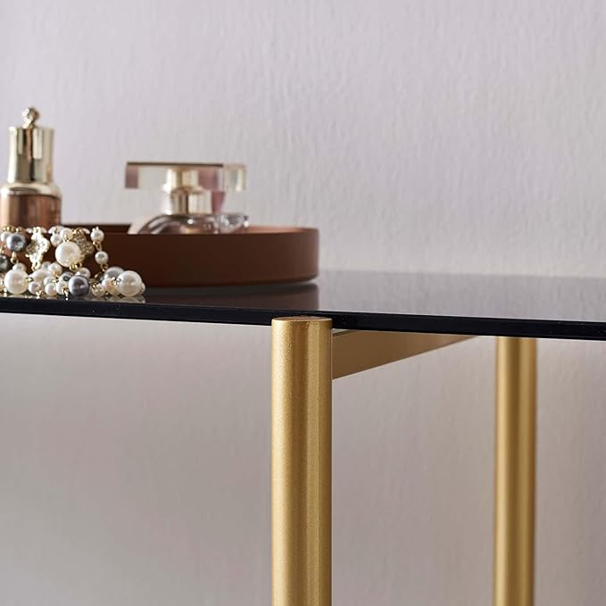 Glass Console Table for Living Room, Foyer & Entrance, 2-Tiers Mid-Century Modern Sofa Table with Grey Glass Top, Black Marble Finish Wood Shelf and Gold Finish Frame-Ruum Studio Home
