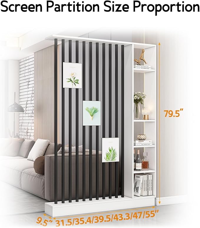 Wall Room Divider, Storage Cabinet Storage Display with Shelves, Modern Freestanding Wood Room Divider Screen, Wall Privacy Screens for Home Decorative (White+Black,35.4" L x 9.5" W x 79.5" H)-Ruum Studio Home